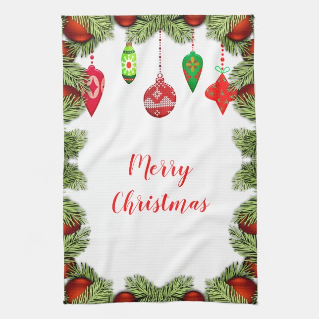 Red Ornaments Christmas Kitchen Retro Holiday Tea Towel (Vertical)