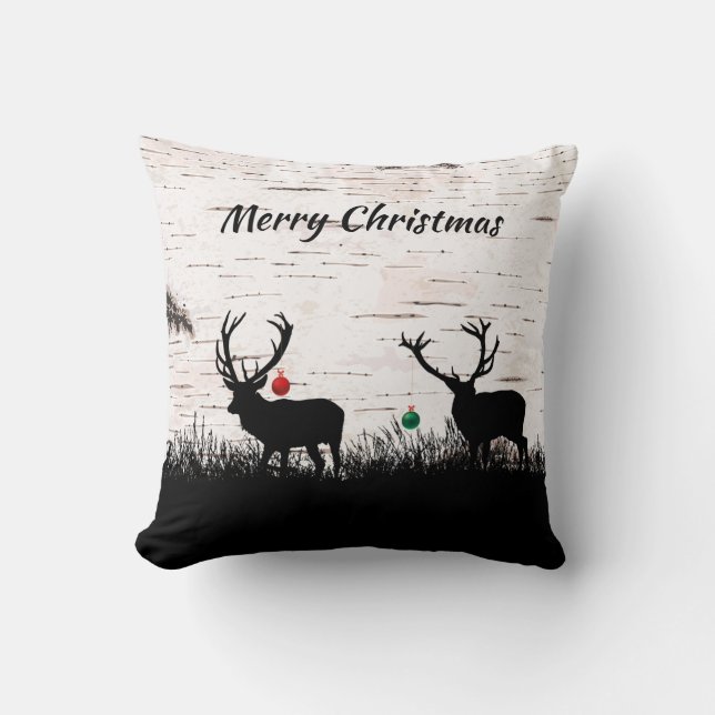 Red Ornaments Christmas Reindeers on Birch Cushion (Front)