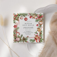 Red Ornaments Greenery Border Square Open House