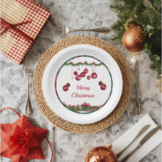 Red Ornaments Modern Christmas Party Paper Plate