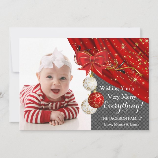 Red Ornaments Photo Christmas Holiday Card (Front)