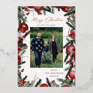 Red Ornaments & Pine Merry Christmas Photo