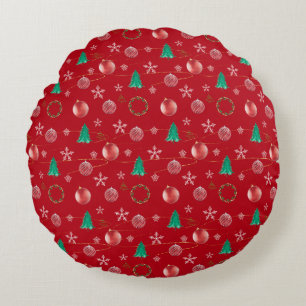 Red Ornaments & Watercolor Pines Christmas  Round Cushion