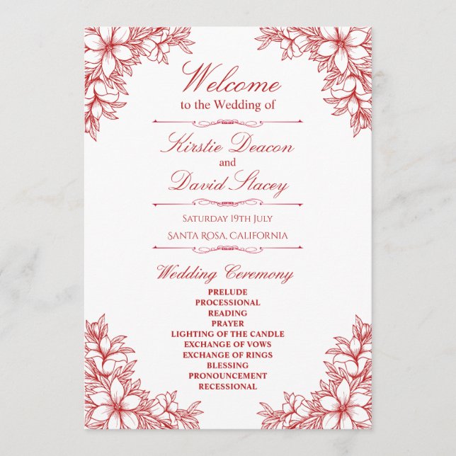 Red Ornate Floral Wedding Programme (Front)