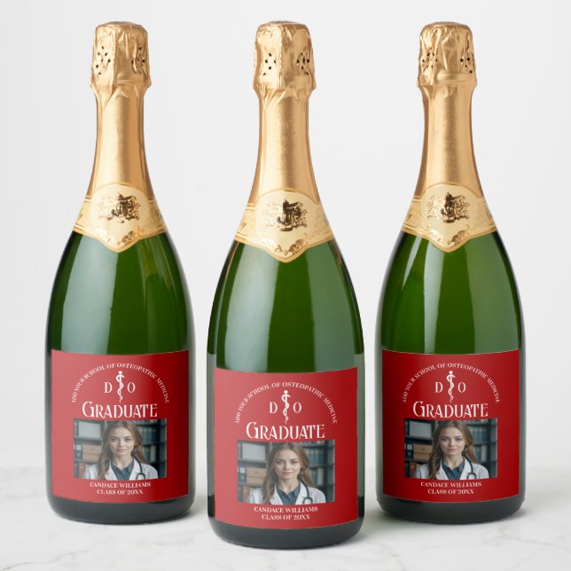 Red Osteopathic Medical School Graduation Party Sparkling Wine Label (Bottles)