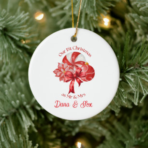 Red Our 1st Christmas Peppermint Poinsettia Ceramic Tree Decoration