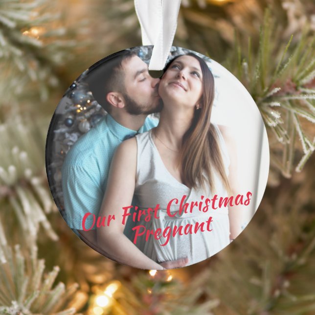 Red Our First Christmas Pregnant Photo Ornament (Tree)