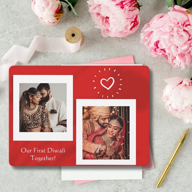 Red Our First Diwali Together Photo Greeting Holiday Card (Creator Uploaded)
