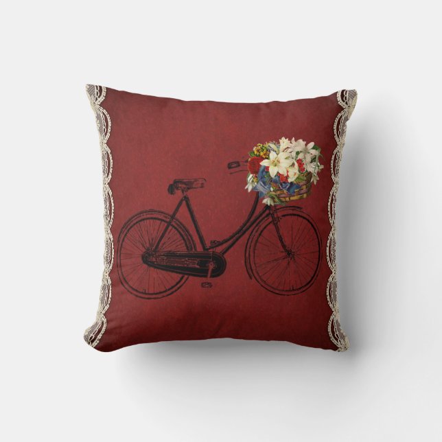 red outdoor or indoor bicycle bike flowers cushion (Front)