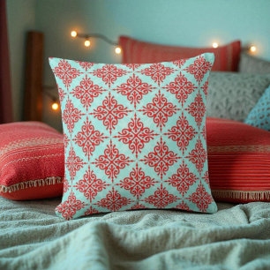 Red over Teal Damask Pattern Cushion