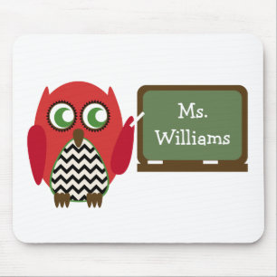 Red Owl Black Chevron Teacher At Chalkboard Mouse Mat