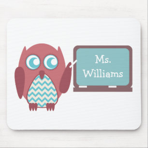 Red Owl Blue Chevron Teacher At Chalkboard Mouse Mat
