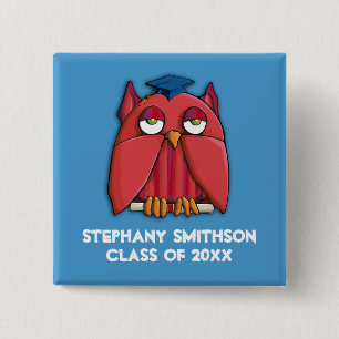 Red Owl Grad aqua Square Graduation Button