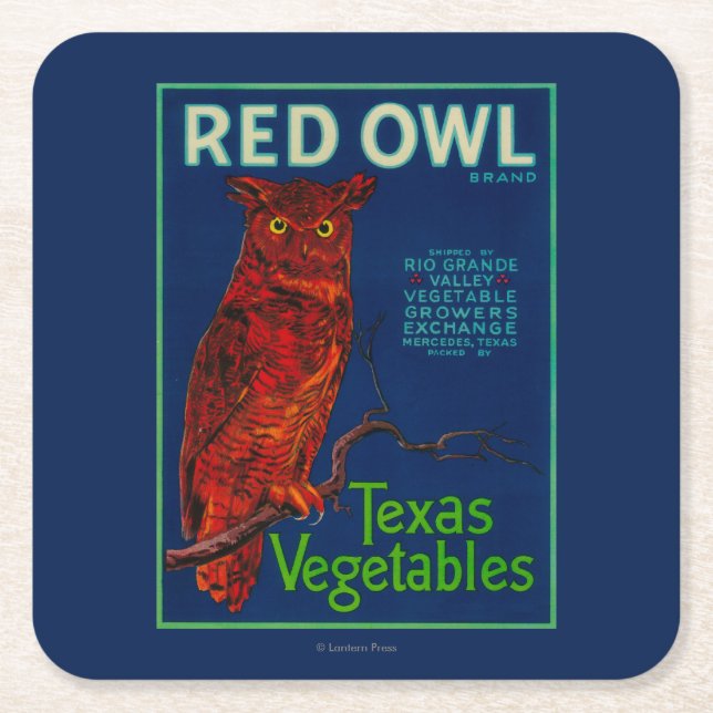 Red Owl Vegetable Label Square Paper Coaster (Front)
