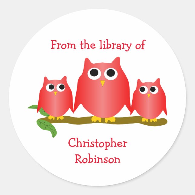 Red Owls Design Bookplate Classic Round Sticker (Front)