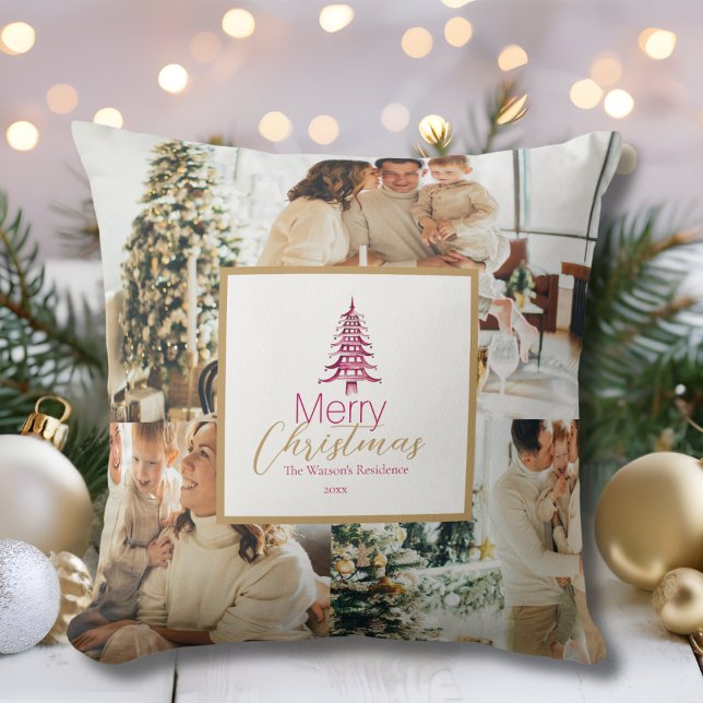 Red Pagoda Christmas Tree 3-Photo Throw Pillow (Red Pagoda Christmas Tree 3-Photo Throw Pillow)