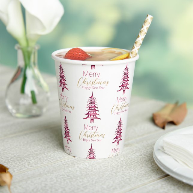 Red Pagoda Christmas Tree Pattern  Paper Cups (Insitu)