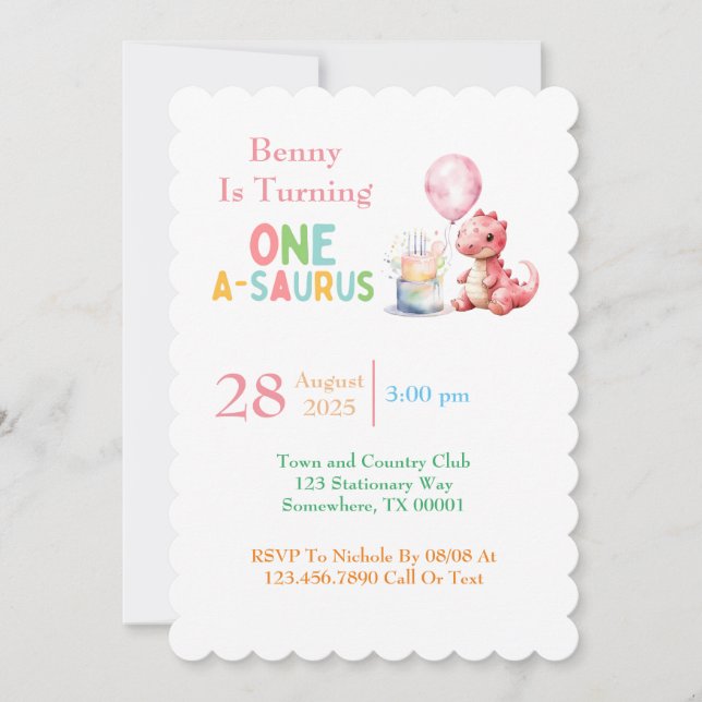 Red Painted Dinosaur One A Saurus Birthday  Invitation (Front)