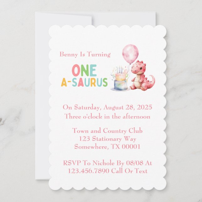 Red Painted Dinosaur One A Saurus Birthday  Invitation (Front)