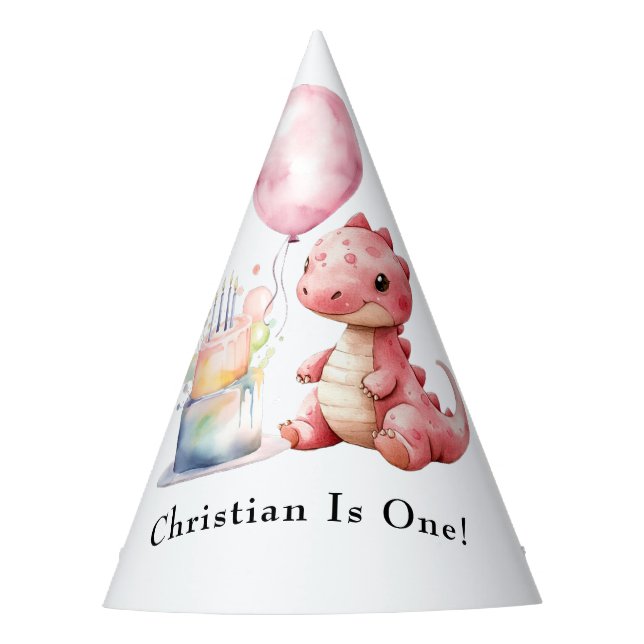 Red Painted Dinosaur One A Saurus Birthday  Party Hat (Front)