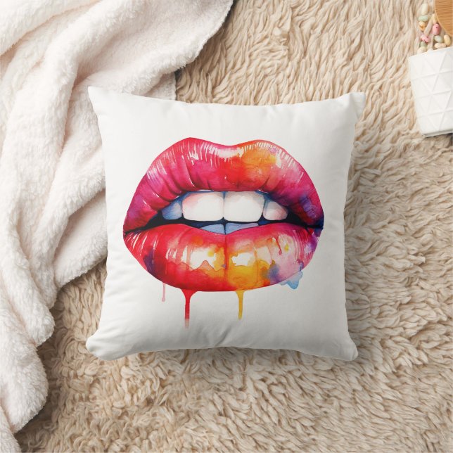 red painted female lips watercolor  cushion (Blanket)
