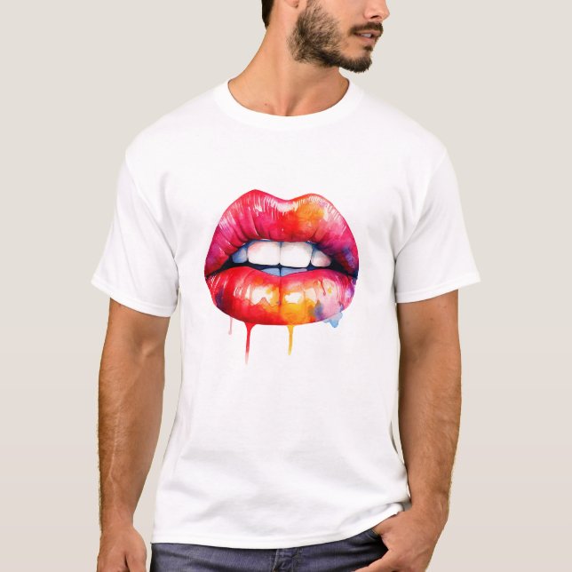 red painted female lips watercolor  T-Shirt (Front)