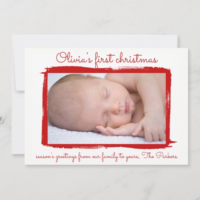 Red painted frame Baby's First Christmas Photo Holiday Card (Front)