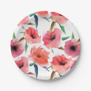 Red Painted Poppies Floral Pattern Paper Plate