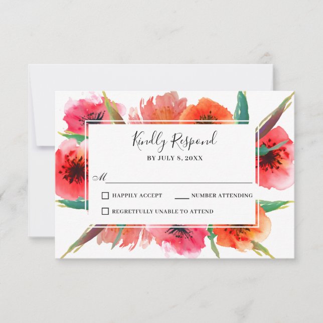 Red Painted Poppies Floral Wedding RSVP (Front)