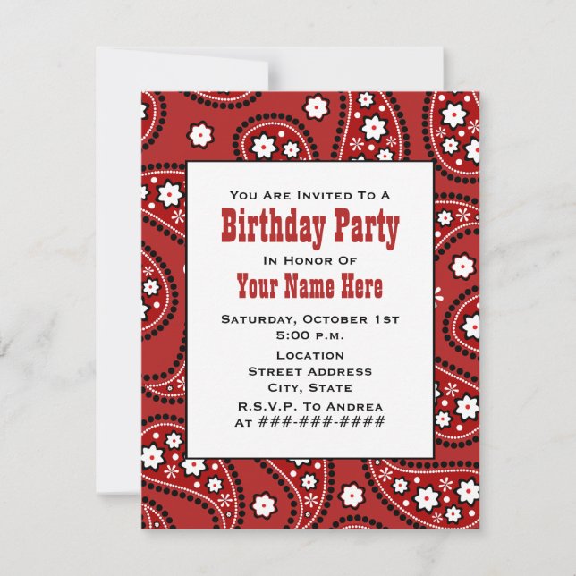 Red Paisley Bandanna Inspired Birthday Invitation (Front)