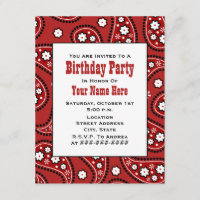 Red Paisley Bandanna Inspired Birthday Invitation