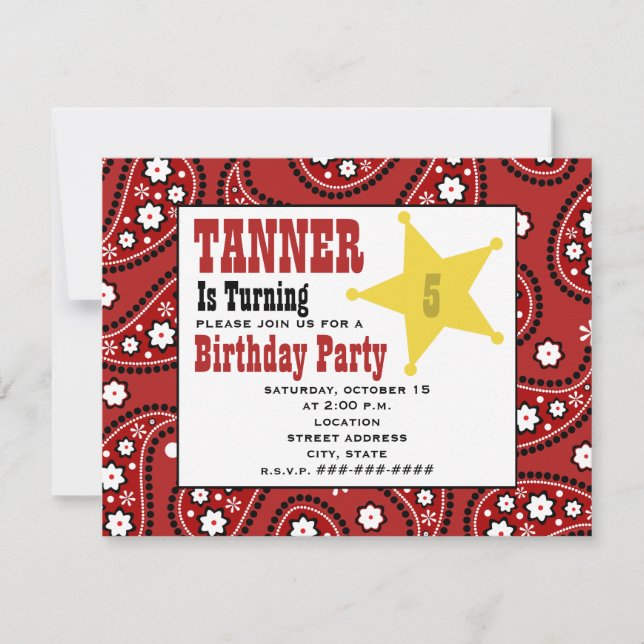 Red Paisley Bandanna Kids Cowboy Birthday Invite (Front)