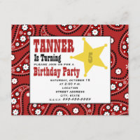 Red Paisley Bandanna Kids Cowboy Birthday Invite