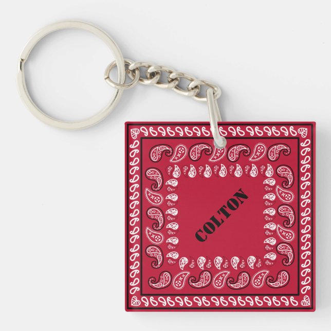 Red Paisley Bandanna Personalised Key Ring (Front)