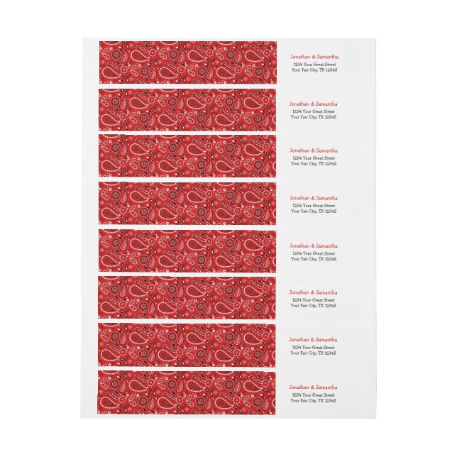Red Paisley Bandanna Print Wraparound Address Labe Wrap Around Label (Sheet)