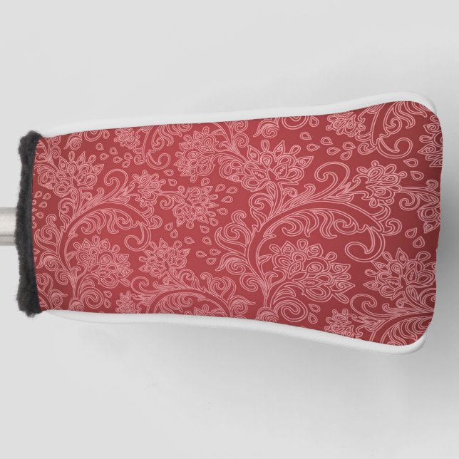 Red Paisley Damask Designer Floral Classic Golf Head Cover (Front)