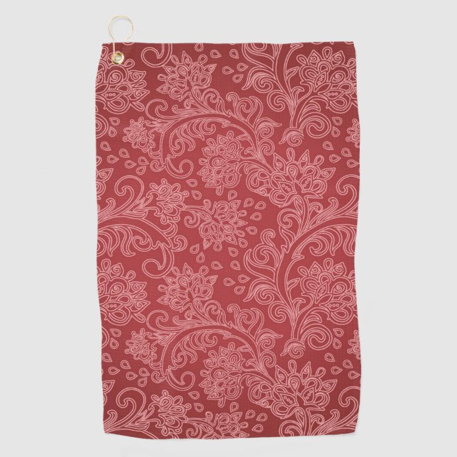 Red Paisley Damask Designer Floral Classic Golf Towel (Front)