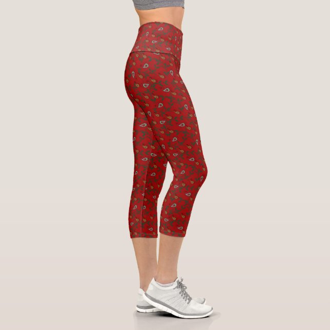 Red Paisley Holly Holiday Capri Leggings (Right)