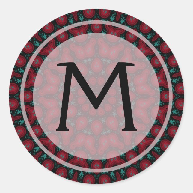 Red Paisley Kaleidoscope Monogram Sticker (Front)