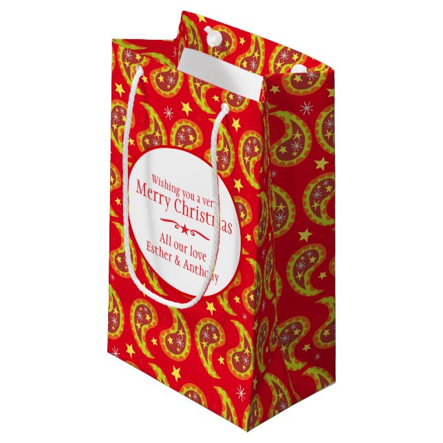 Red paisley personalised Christmas gift bags (Front Angled)