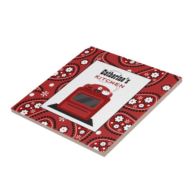 Red Paisley & Retro Stove Kitchen Tile (Side)