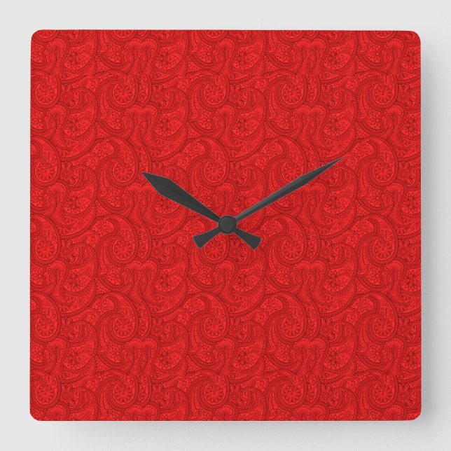 Red Paisley Square Wall Clock (Front)
