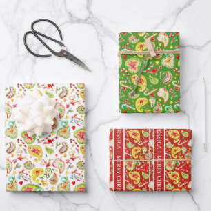 Red paisley watercolor Christmas custom Wrapping Paper Sheet