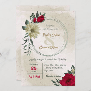 red pale yellow flowers botanical wedding  invitation