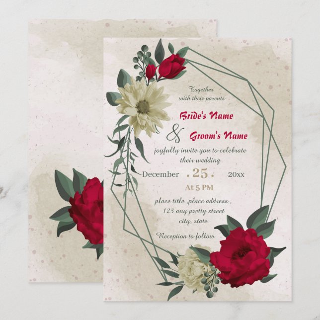 red pale yellow flowers geometric wedding  invitation (Front/Back)