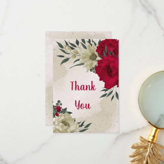 red & pale yellow flowers & green leaves thank you card (Front/Back In Situ)