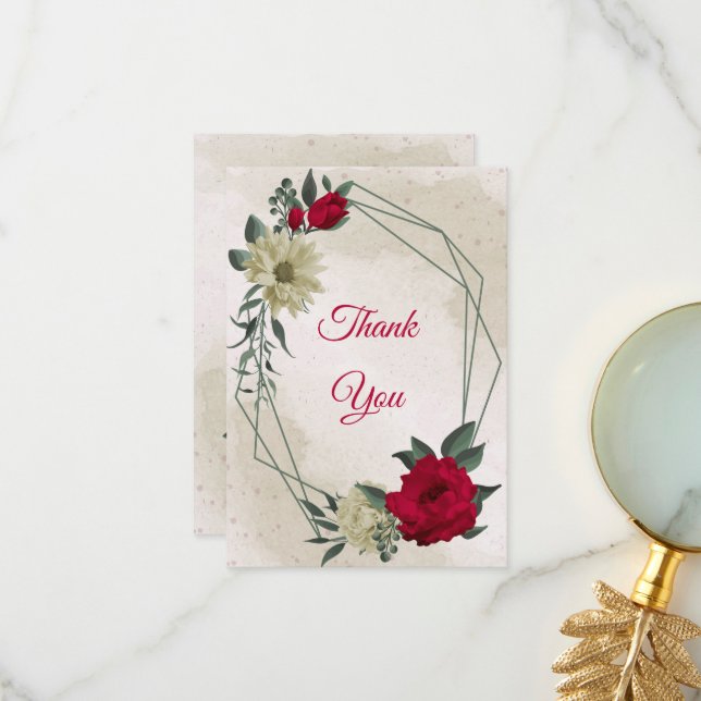 red & pale yellow flowers & green leaves thank you card (Front/Back In Situ)