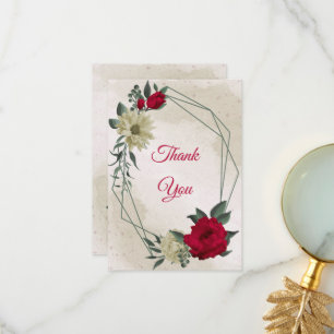 red & pale yellow flowers & green leaves thank you card
