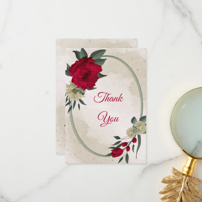 red & pale yellow flowers & green leaves thank you card (Front/Back In Situ)