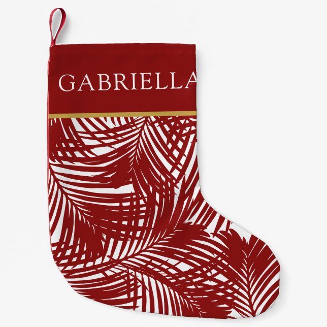 Red Palm Tree Leaf Pattern Tropical Beach Small Christmas Stocking (Front)